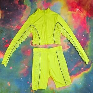 Neon Yellow Two-Piece Set Top & Shorts Black Ruched Trim Long‎ Sleeve